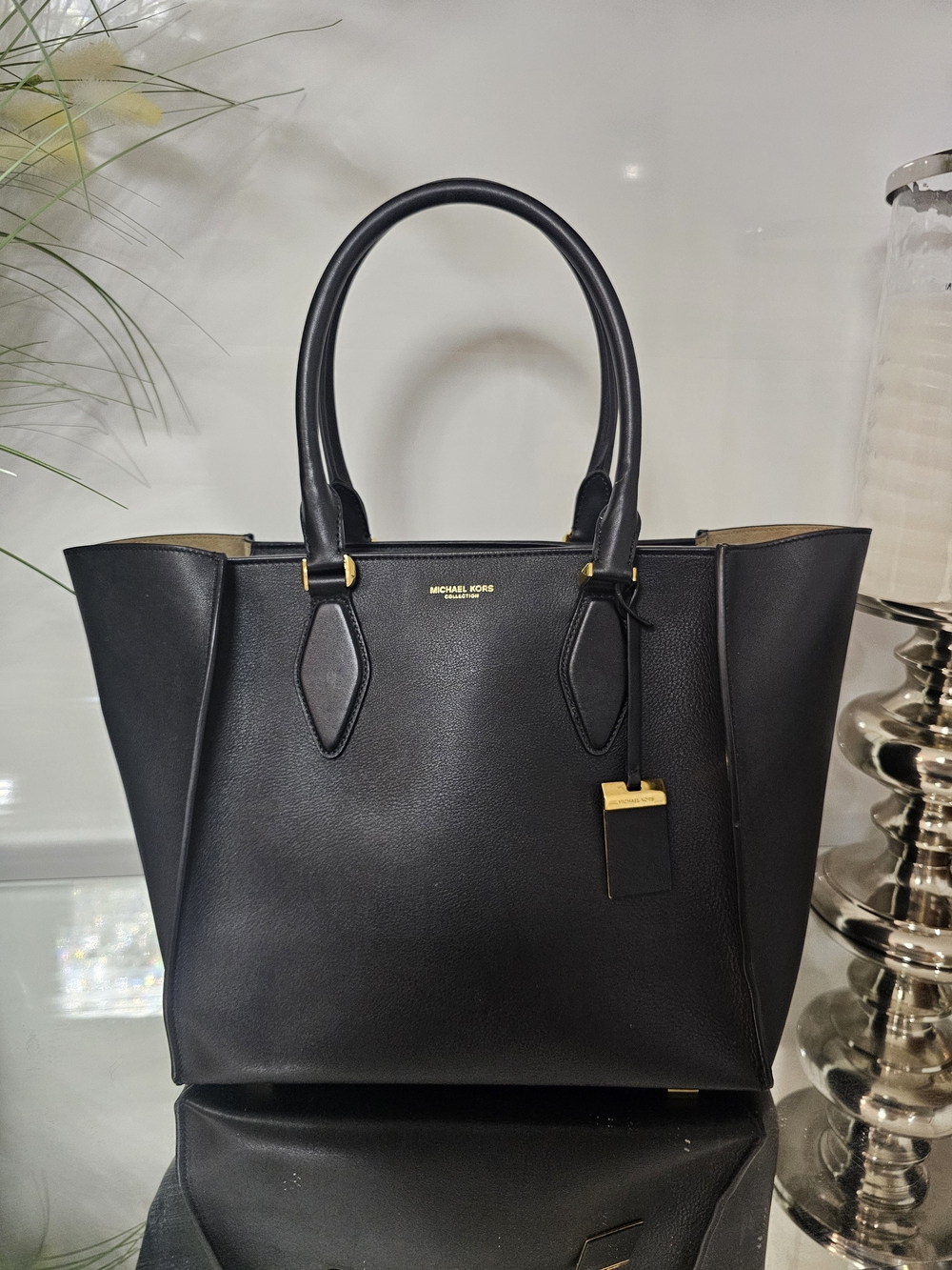 Michael Kors Collection Gracie  Black Leather Tote with Gold Accents